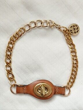 Coach Gold Turn Lock Brown Leather Bracelet